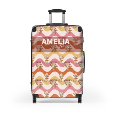 Custom Retro Mushroom suitcase, a durable and stylish travel companion. Crafted with custom names and retro mushroom designs, it's perfect for enthusiasts on the go.