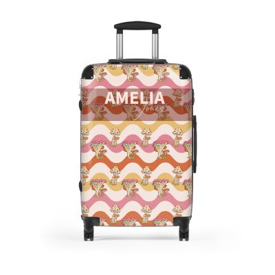 Custom Retro Mushroom suitcase, a durable and stylish travel companion. Crafted with custom names and retro mushroom designs, it's perfect for enthusiasts on the go.