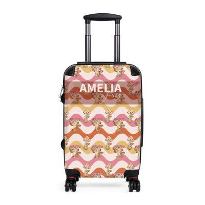 Custom Retro Mushroom suitcase, a durable and stylish travel companion. Crafted with custom names and retro mushroom designs, it's perfect for enthusiasts on the go.