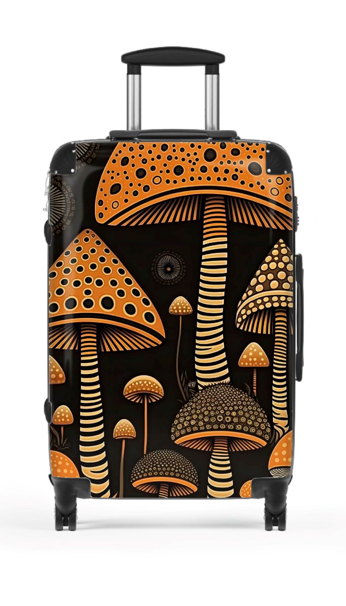 Folk Mushroom suitcase, a durable and stylish travel companion. Crafted with mushroom designs, it's perfect for enthusiasts on the go.