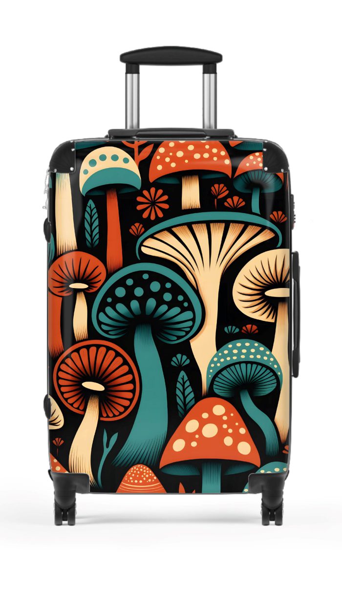 Folk Mushroom suitcase, a durable and stylish travel companion. Crafted with mushroom designs, it's perfect for enthusiasts on the go.