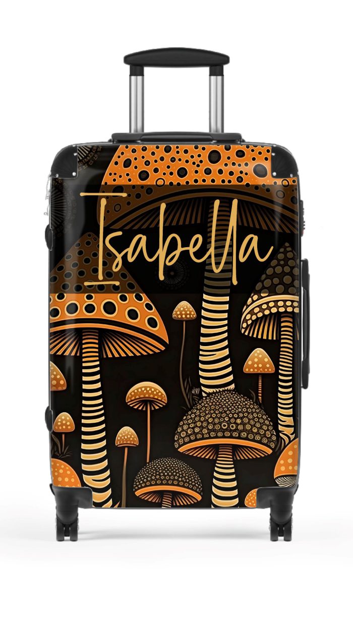 Custom Folk Mushroom suitcase, a durable and stylish travel companion. Crafted with custom names and mushroom designs, it's perfect for enthusiasts on the go.