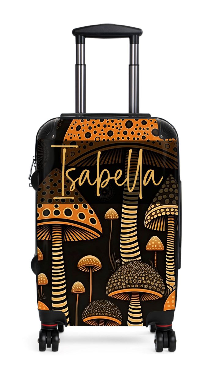 Custom Folk Mushroom suitcase, a durable and stylish travel companion. Crafted with custom names and mushroom designs, it's perfect for enthusiasts on the go.