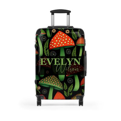 Custom Folk Mushroom suitcase, a durable and stylish travel companion. Crafted with custom names and mushroom designs, it's perfect for enthusiasts on the go.