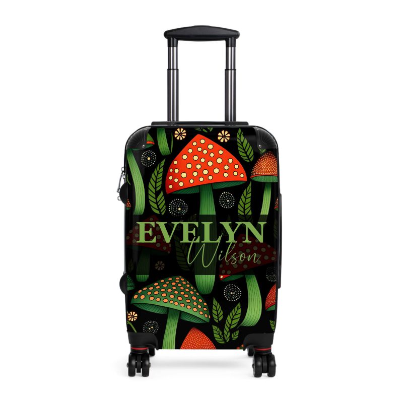 Custom Folk Mushroom suitcase, a durable and stylish travel companion. Crafted with custom names and mushroom designs, it's perfect for enthusiasts on the go.