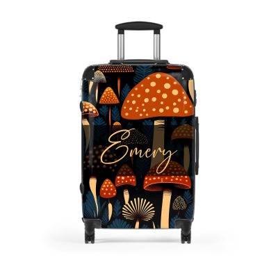 Custom Folk Mushroom suitcase, a durable and stylish travel companion. Crafted with custom names and mushroom designs, it's perfect for enthusiasts on the go.