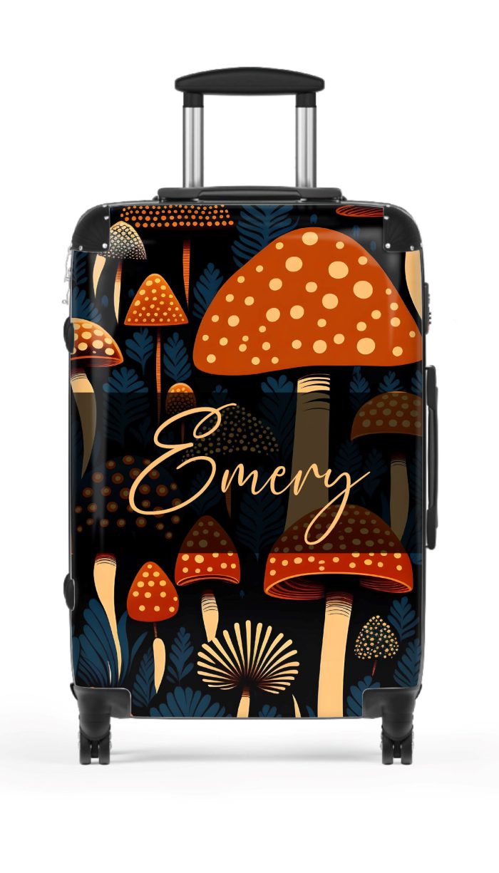 Custom Folk Mushroom suitcase, a durable and stylish travel companion. Crafted with custom names and mushroom designs, it's perfect for enthusiasts on the go.