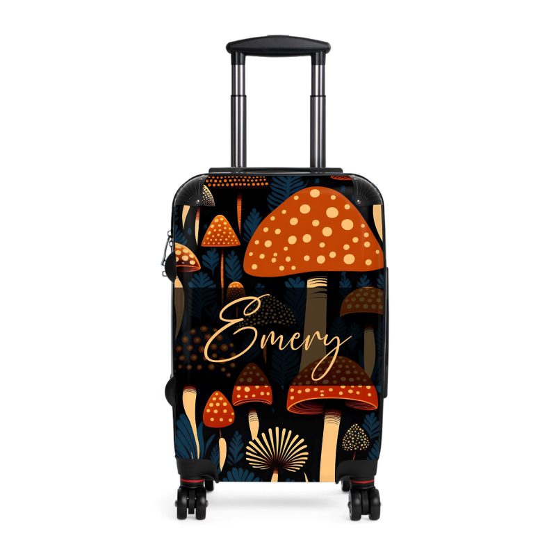 Custom Folk Mushroom suitcase, a durable and stylish travel companion. Crafted with custom names and mushroom designs, it's perfect for enthusiasts on the go.