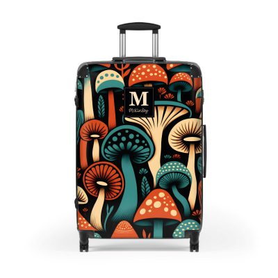 Custom Folk Mushroom suitcase, a durable and stylish travel companion. Crafted with custom names and mushroom designs, it's perfect for enthusiasts on the go.