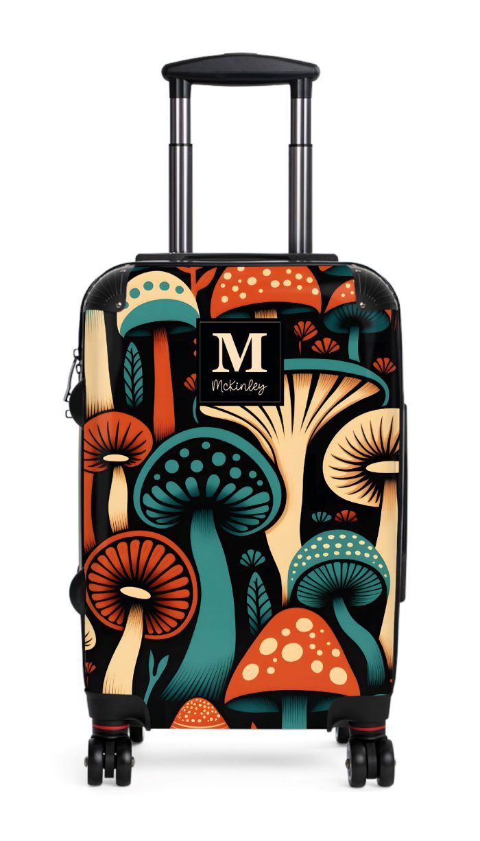 Custom Folk Mushroom suitcase, a durable and stylish travel companion. Crafted with custom names and mushroom designs, it's perfect for enthusiasts on the go.