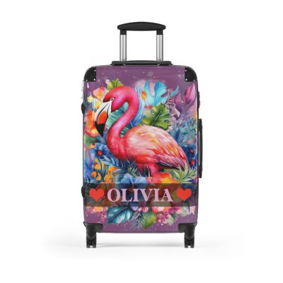 Custom Flamingo Suitcase - A personalized suitcase adorned with a vibrant flamingo-themed design, perfect for travelers who want to bring the tropics with them.