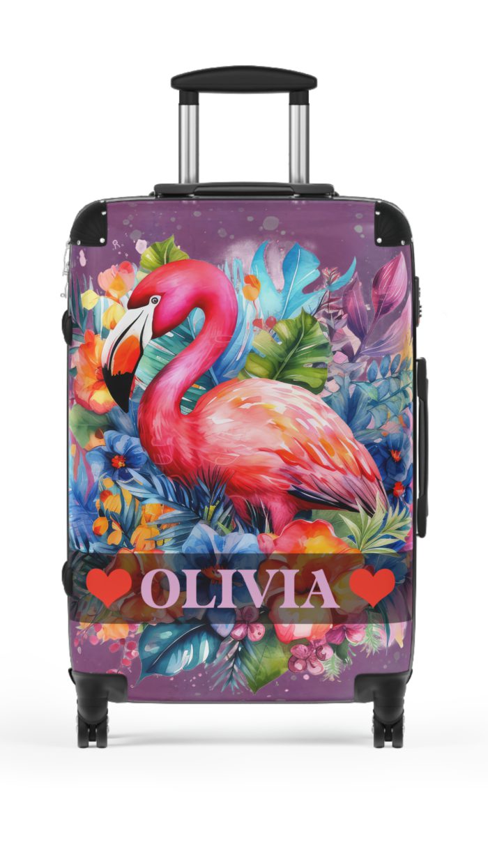 Custom Flamingo Suitcase - A personalized suitcase adorned with a vibrant flamingo-themed design, perfect for travelers who want to bring the tropics with them.