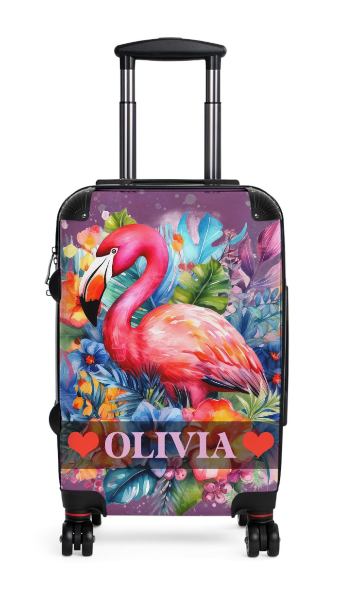 Custom Name Flamingo Suitcase - A personalized suitcase adorned with a vibrant flamingo-themed design, perfect for travelers who want to bring the tropics with them.