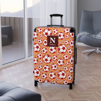 Custom Soccer Suitcase - A personalized luggage adorned with a custom soccer-themed design, perfect for sports enthusiasts who want to travel in style with their favorite sport.