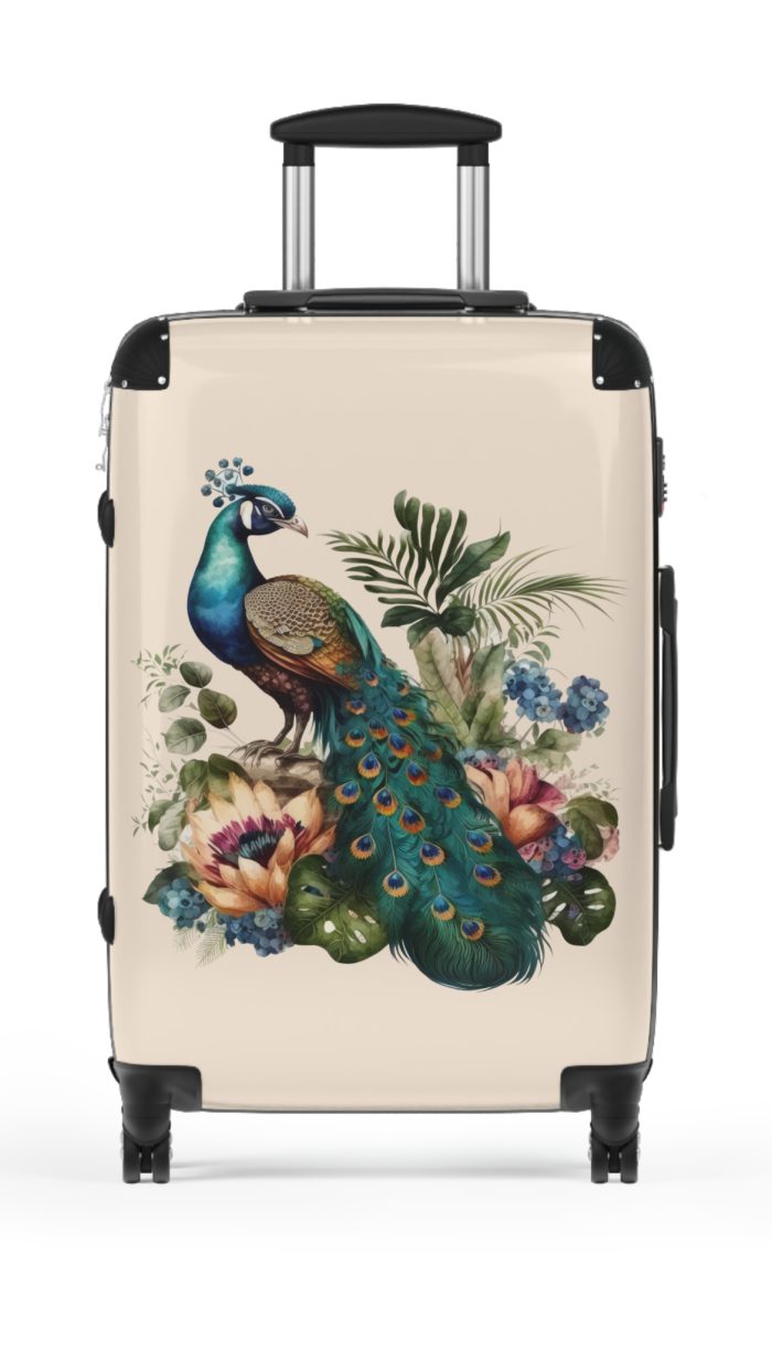 Peacock Suitcase – Stylish and functional luggage adorned with intricate peacock feather design for a touch of elegance on your travels.