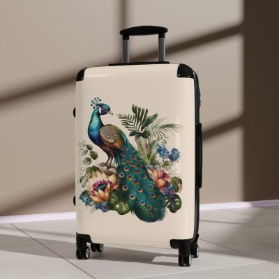 Peacock Suitcase – Stylish and functional luggage adorned with intricate peacock feather design for a touch of elegance on your travels.