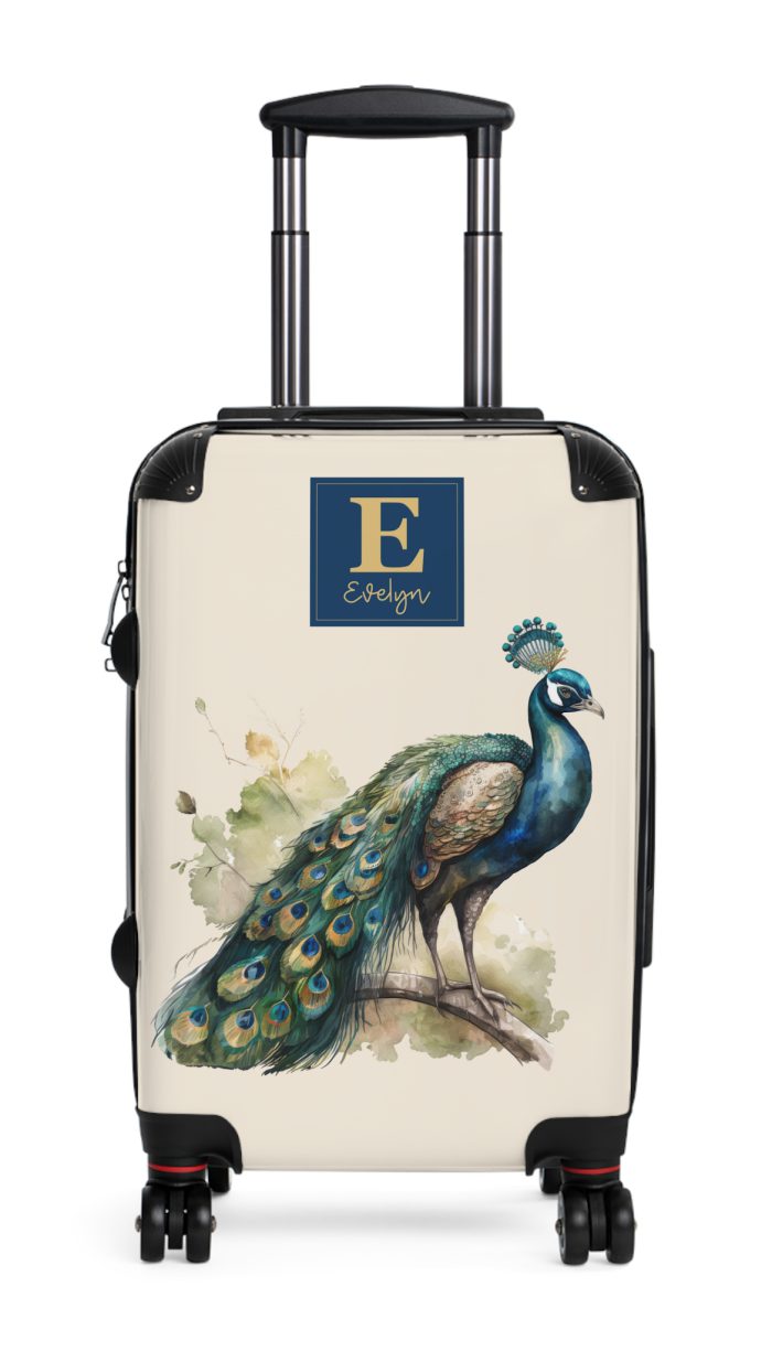 Custom Peacock Suitcase - Tailored elegance for personalized travel, showcasing unique designs and sophistication.