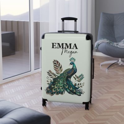 Custom Peacock Suitcase - Tailored elegance for personalized travel, showcasing unique designs and sophistication.