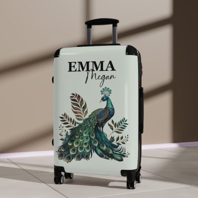 Custom Peacock Suitcase - Tailored elegance for personalized travel, showcasing unique designs and sophistication.