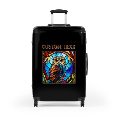 Custom Stained Owl suitcase, a durable and stylish travel companion. Crafted with custom stained glass owl designs, it's perfect for personalized adventures on the go.