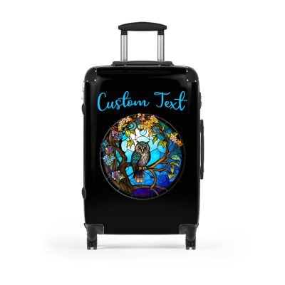 Custom Stained Owl suitcase, a durable and stylish travel companion. Crafted with custom stained glass owl designs, it's perfect for personalized adventures on the go.