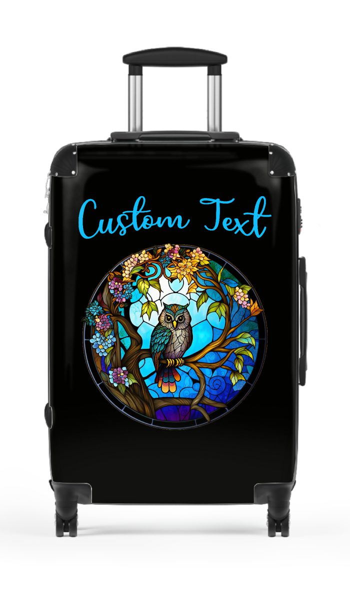 Custom Stained Owl suitcase, a durable and stylish travel companion. Crafted with custom stained glass owl designs, it's perfect for personalized adventures on the go.