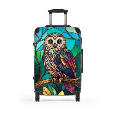 Stained Owl suitcase, a durable and stylish travel companion. Crafted with stained glass owl designs, it's perfect for art enthusiasts on the go.