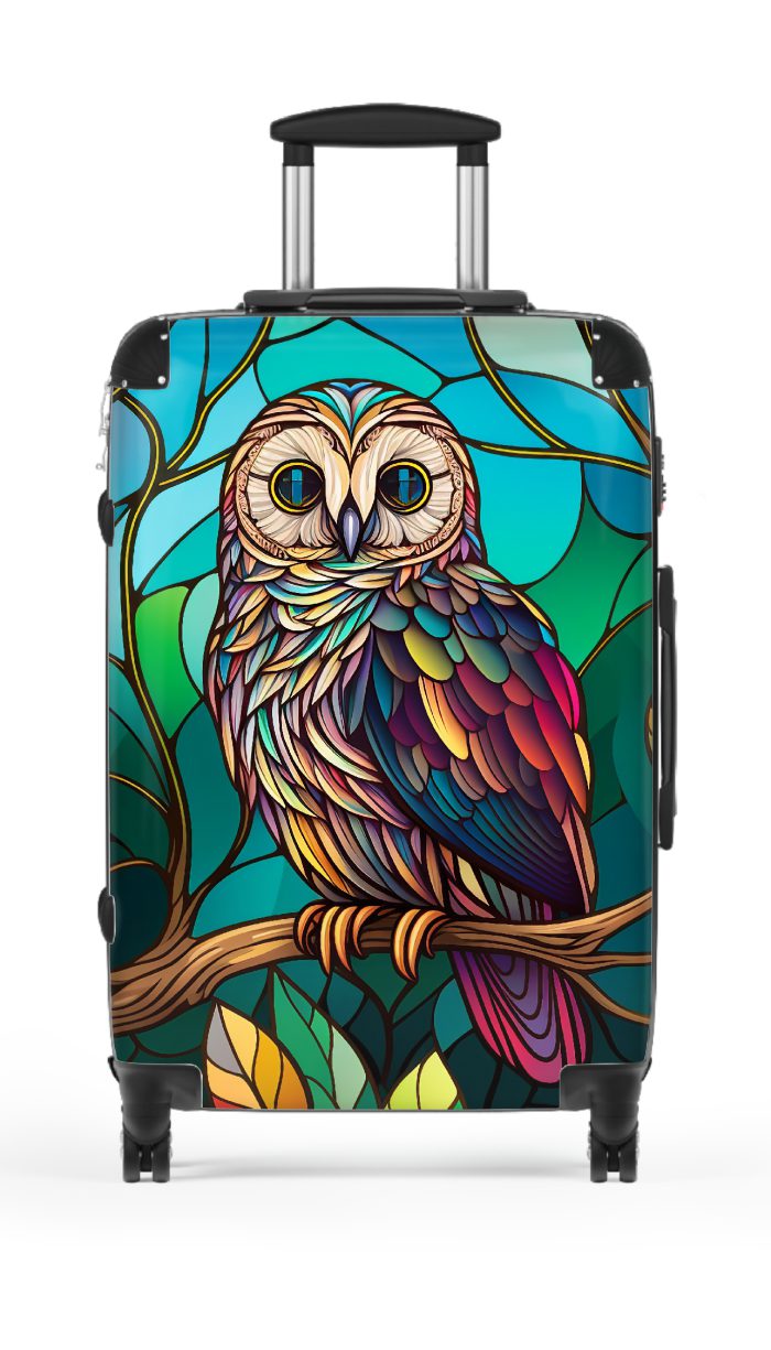 Stained Owl suitcase, a durable and stylish travel companion. Crafted with stained glass owl designs, it's perfect for art enthusiasts on the go.