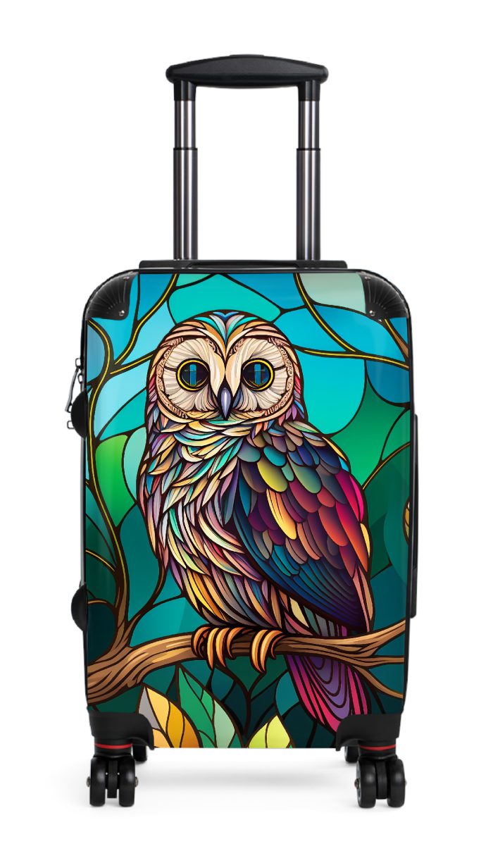 Stained Owl suitcase, a durable and stylish travel companion. Crafted with stained glass owl designs, it's perfect for art enthusiasts on the go.