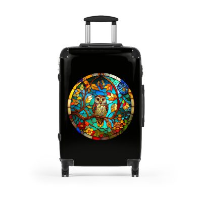 Stained Owl suitcase, a durable and stylish travel companion. Crafted with stained glass owl designs, it's perfect for art enthusiasts on the go.