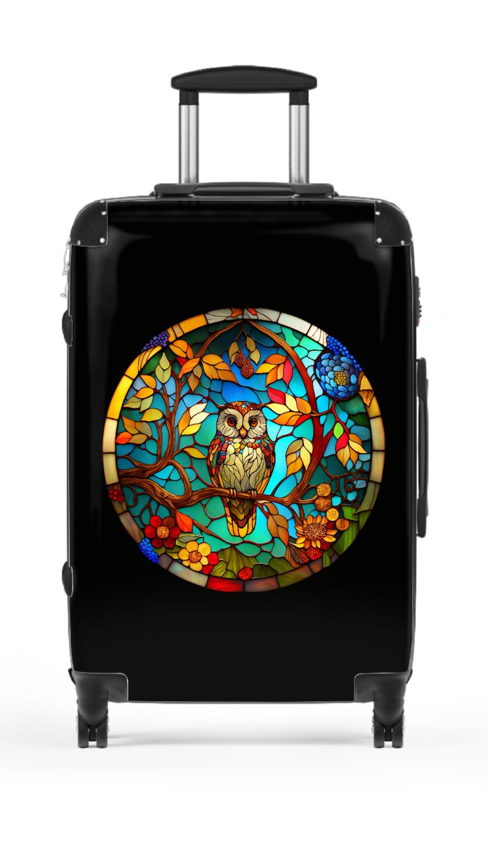 Stained Owl suitcase, a durable and stylish travel companion. Crafted with stained glass owl designs, it's perfect for art enthusiasts on the go.