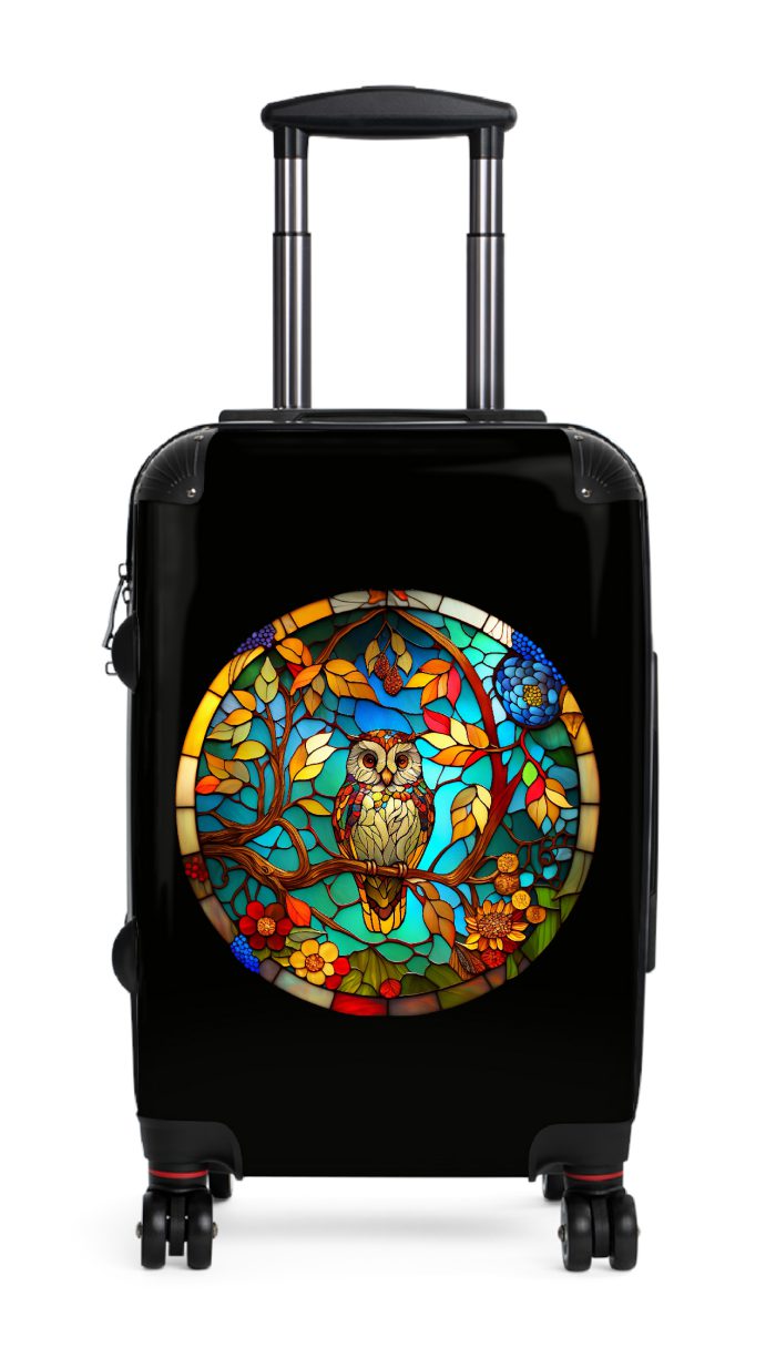 Stained Owl suitcase, a durable and stylish travel companion. Crafted with stained glass owl designs, it's perfect for art enthusiasts on the go.