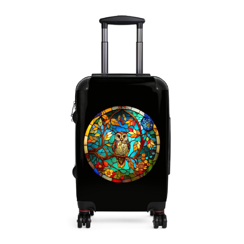 Stained Owl suitcase, a durable and stylish travel companion. Crafted with stained glass owl designs, it's perfect for art enthusiasts on the go.