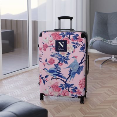 Custom Pink Blue Chinoiserie suitcase, a durable and stylish travel companion. Crafted with customizable Pink Blue Chinoiserie designs, it's perfect for those who crave personalized elegance on their journeys.