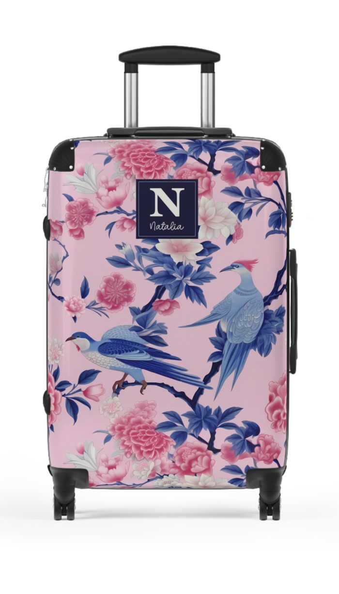 Custom Pink Blue Chinoiserie suitcase, a durable and stylish travel companion. Crafted with customizable Pink Blue Chinoiserie designs, it's perfect for those who crave personalized elegance on their journeys.