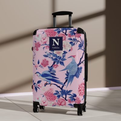 Custom Pink Blue Chinoiserie suitcase, a durable and stylish travel companion. Crafted with customizable Pink Blue Chinoiserie designs, it's perfect for those who crave personalized elegance on their journeys.