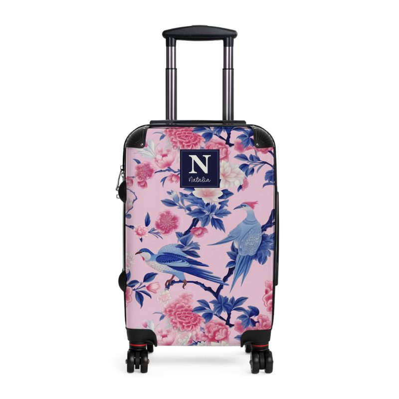 Custom Pink Blue Chinoiserie suitcase, a durable and stylish travel companion. Crafted with customizable Pink Blue Chinoiserie designs, it's perfect for those who crave personalized elegance on their journeys.