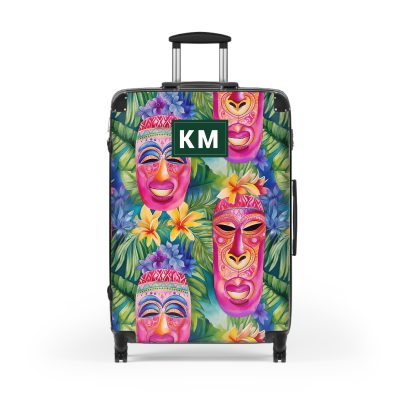 Custom Hawaiian Tiki Luau suitcase, a durable and stylish travel companion. Crafted with custom Hawaiian Tiki Luau designs, it's perfect for those who seek luau joy on their journeys.