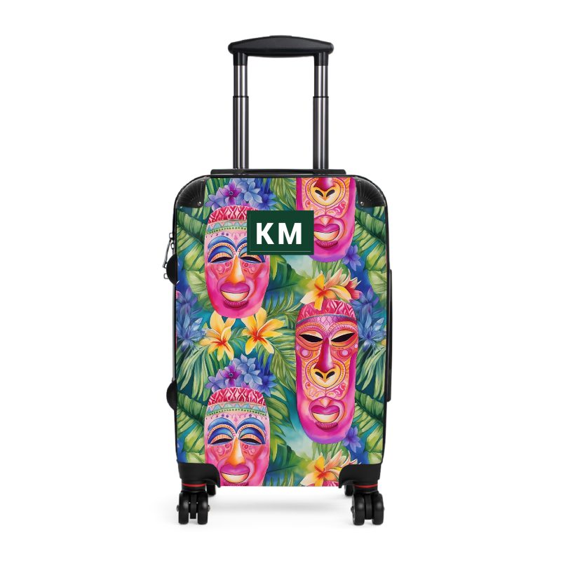 Custom Hawaiian Tiki Luau suitcase, a durable and stylish travel companion. Crafted with custom Hawaiian Tiki Luau designs, it's perfect for those who seek luau joy on their journeys.