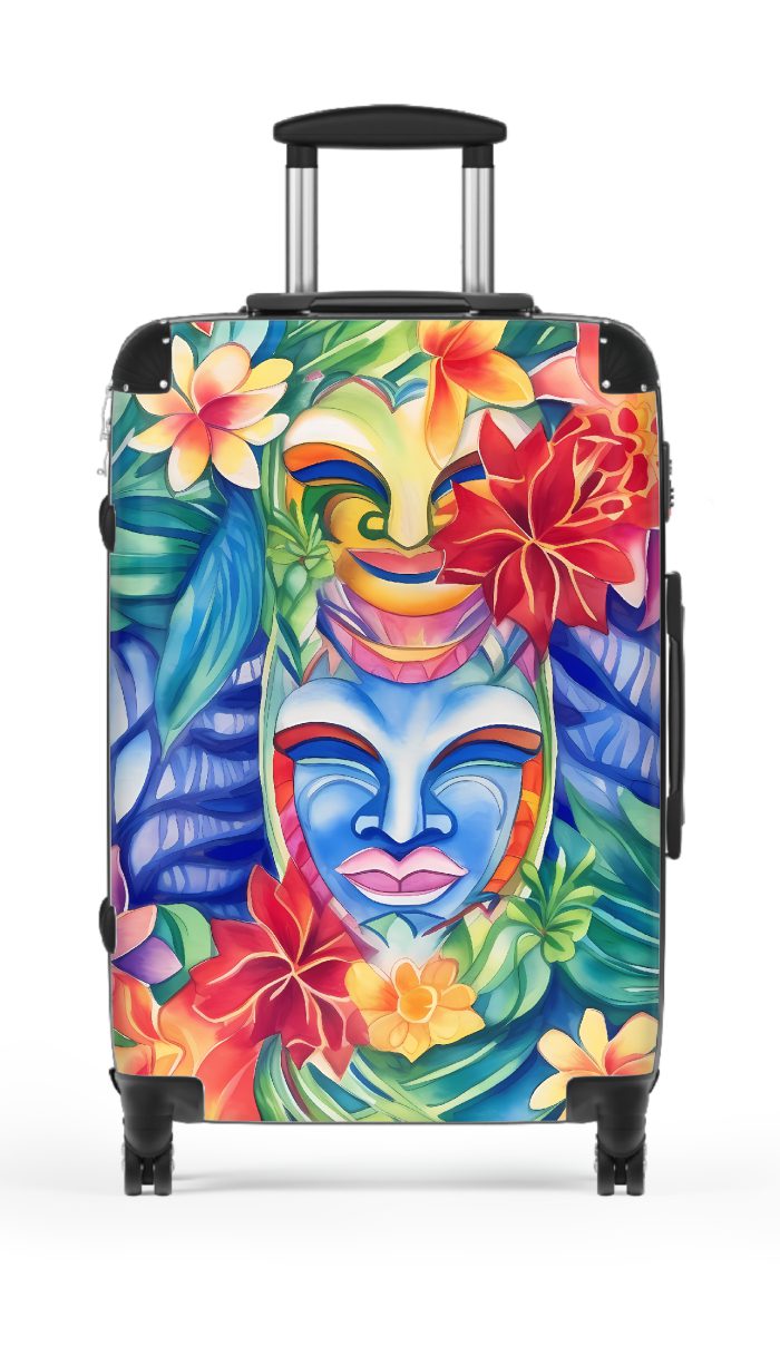 Hawaiian Tiki Luau suitcase, a durable and stylish travel companion. Crafted with vibrant Hawaiian Tiki Luau designs, it's perfect for those who seek island festivities on their journeys.