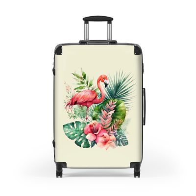 Tropical Floral Flamingo Suitcase, a vibrant and durable travel companion adorned with tropical blooms and playful flamingos. Perfect for the stylish and adventurous traveler.