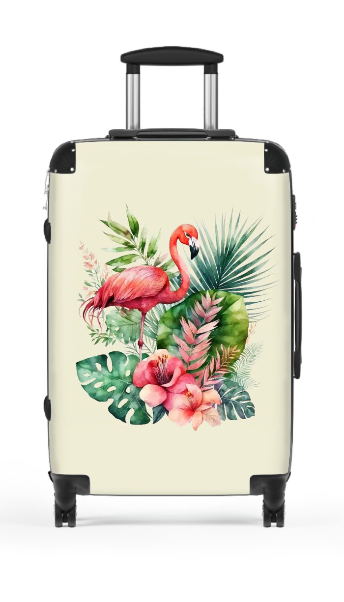 Tropical Floral Flamingo Suitcase, a vibrant and durable travel companion adorned with tropical blooms and playful flamingos. Perfect for the stylish and adventurous traveler.