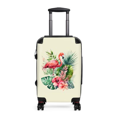 Tropical Floral Flamingo Suitcase, a vibrant and durable travel companion adorned with tropical blooms and playful flamingos. Perfect for the stylish and adventurous traveler.