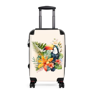 Tropical Floral Toucan Suitcase, a stylish and durable travel companion adorned with vibrant florals and playful toucans. Perfect for the modern traveler seeking a touch of elegance on their journeys.