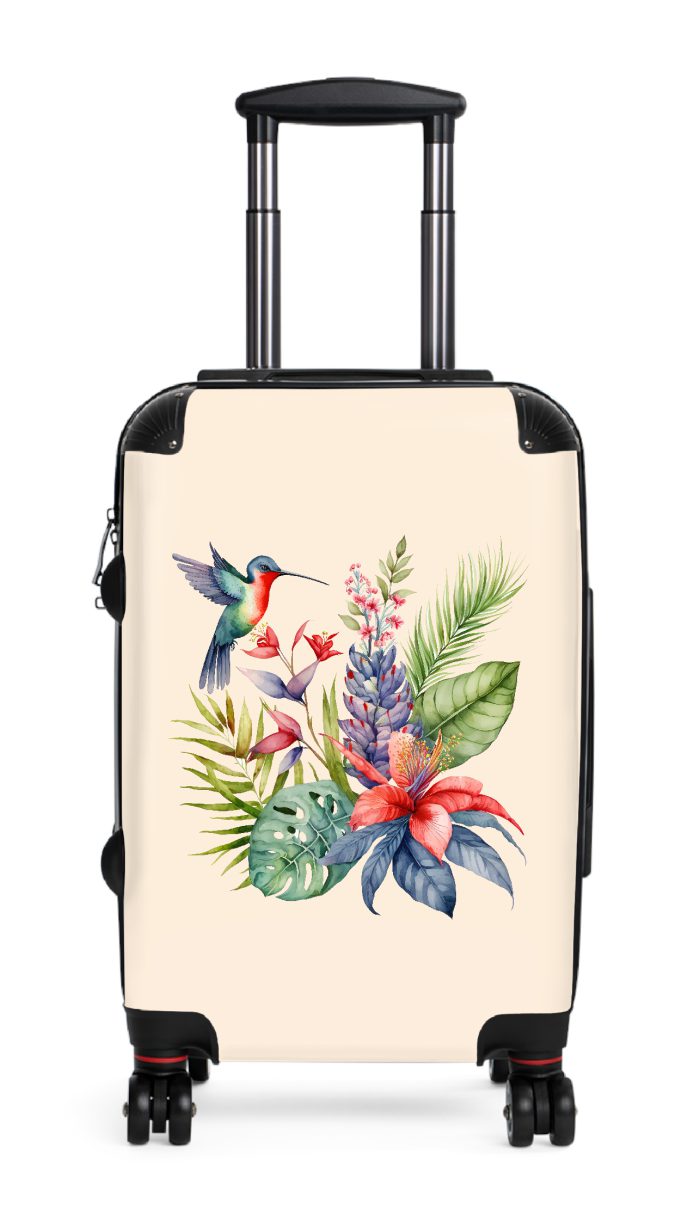 Tropical Floral Hummingbird Suitcase, a captivating and durable travel companion adorned with vibrant florals and delicate hummingbirds. Perfect for the modern traveler seeking a touch of elegance on their journeys.