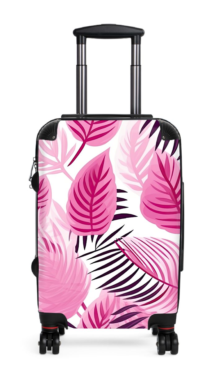 Pink Tropical Leaves Suitcase, a fusion of style and durability for the modern explorer. Adorned with pink tropical foliage, it radiates elegance on every journey.