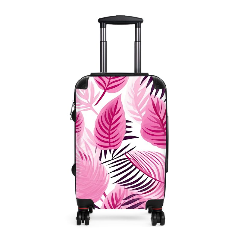 Pink Tropical Leaves Suitcase, a fusion of style and durability for the modern explorer. Adorned with pink tropical foliage, it radiates elegance on every journey.