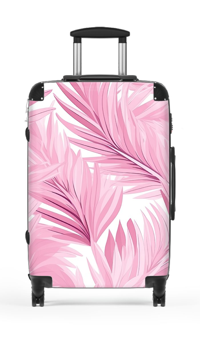 Pink Tropical Leaves Suitcase, a fusion of style and durability for the modern explorer. Adorned with pink tropical foliage, it radiates elegance on every journey.