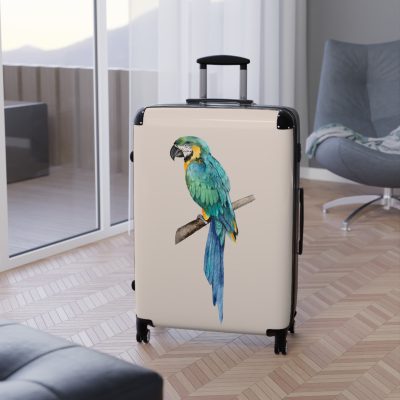 Blue Macaw Suitcase - Travel in exotic elegance with this vibrant companion, featuring striking blue macaw motifs for a tropical and sophisticated escape.