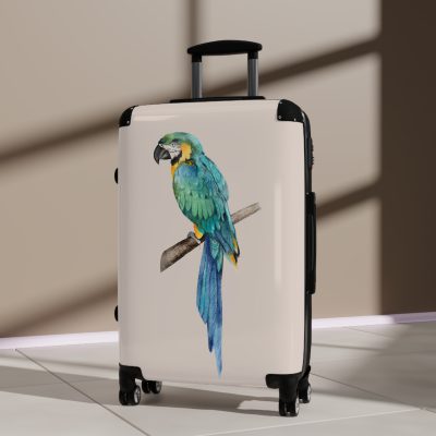 Blue Macaw Suitcase - Travel in exotic elegance with this vibrant companion, featuring striking blue macaw motifs for a tropical and sophisticated escape.